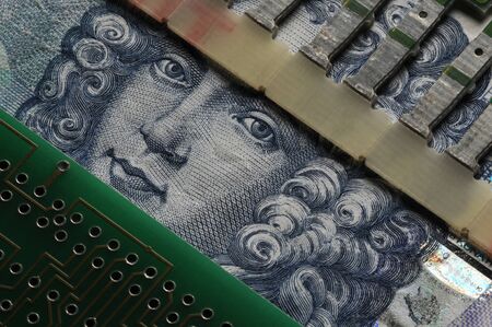 Closeup on croatian banknote with circuit board