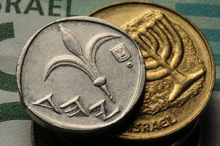 Close up on Israeli currencyの写真素材
