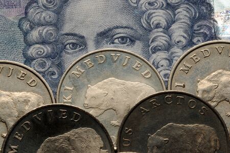 Closeup on coins and croatian banknote