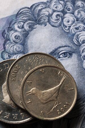 Closeup on coins and croatian banknote