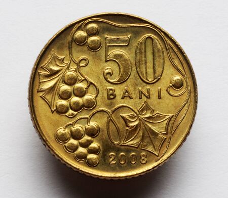 Romanian 50 Bani coin on white backgroundの写真素材