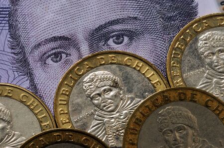Closeup on coins and chilean banknoteの写真素材