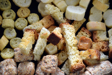 Close up on background of mixed croutons.の写真素材