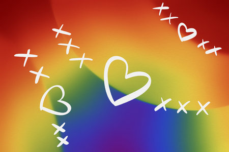 Pride month celebration, gay couple lesbian LGBTQ gender gradient shape heart love rainbow illustration paper textureの写真素材
