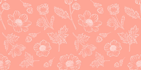Seamless floral pattern adonis line graphic spring summer cute romantic contour pink green pastel blue whiteの写真素材
