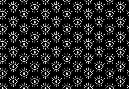 Open closed eyes line art drawing bold black white pattern surface ornament repeated chess geometrical ink watercolorの写真素材