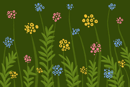 Simple summer flowers doodles, floral design elements print pattern seamless surface pencil hand drawn naive styleの写真素材
