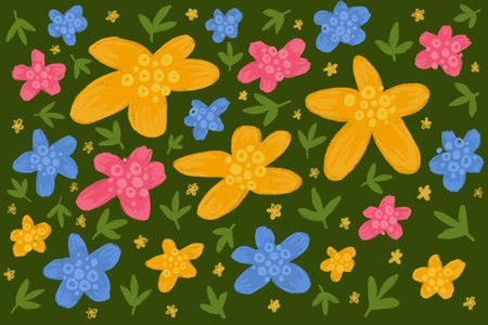 Simple summer flowers doodles, floral design elements print pattern seamless surface pencil hand drawn naive styleの写真素材