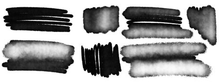 Set of different pencil marker ink black scribble doodle hand drawn speech bubbles arrows signs figures shapes isolated on white backgroundの写真素材
