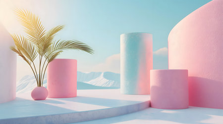 Minimalist display podium with palm tree and geometric shapes. 3D Renderingの素材