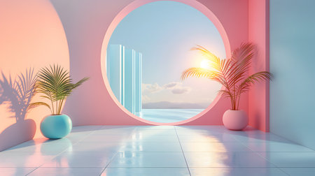 3d render of a minimalistic interior with a large window and a palm treeの素材