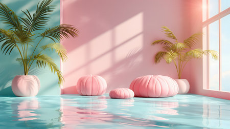 pink and blue living room with pouf and palm trees - renderingの素材