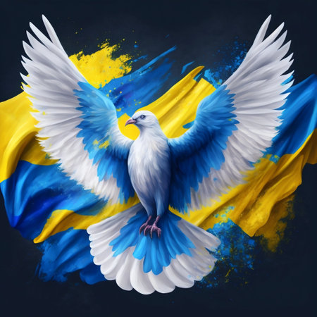 White dove with blue and yellow colors. Ukraine freedom flag. Generative AI. high quality illustrationの素材