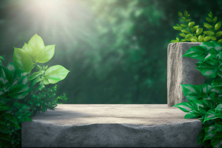 Natural podium in green leaves background. Background for cosmetic products, the scene with green leaves.Generative AI. high quality illustrationの素材