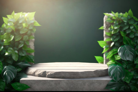 Natural podium in green leaves background. Background for cosmetic products, the scene with green leaves.Generative AI. high quality illustrationの素材