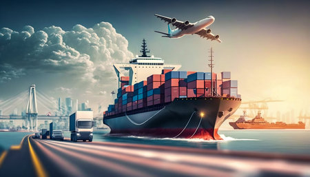 Cargo transportation, international delivery. Generative AI. high quality illustrationの素材