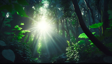 Beautiful rays of sunlight in a green forest. Generative AI. high quality illustrationの素材