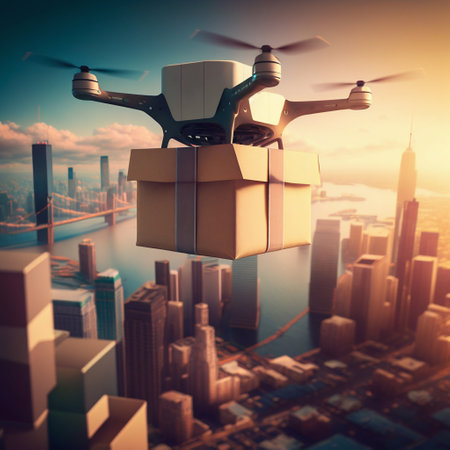 Flying drone delivers a package, background a big city. Generative AI. high quality illustrationの素材