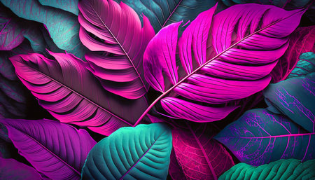 Viva Magenta big many leaves. Forest Viva Magenta saturated plants, flat lay. Generative AI. high quality illustrationの素材
