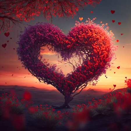 Tree of love in spring. Red heart shaped tree at sunset.Generative AI. high quality illustrationの素材
