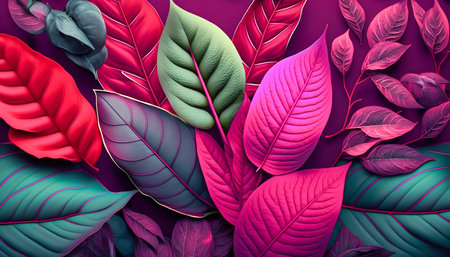 Viva Magenta big many leaves. Forest Viva Magenta saturated plants, flat lay. Generative AI. high quality illustrationの素材
