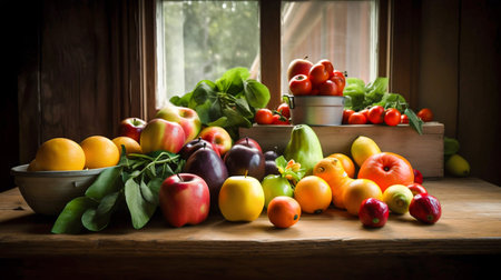 A colorful still life of fruits and vegetables arranged on a rustic wooden table. Generative AI. High quality illustrationの素材