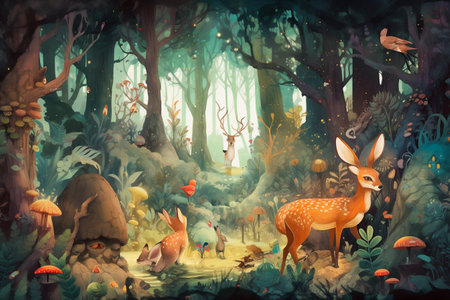 Whimsical illustration of a magical forest, filled with vibrant colors and fantastical creatures. Generative AI. High quality illustrationの素材