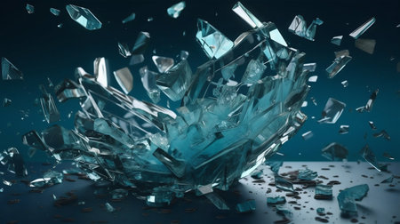 Shattered glass with fragments flying in different directions on a solid background. Generative AI. High quality illustrationの素材