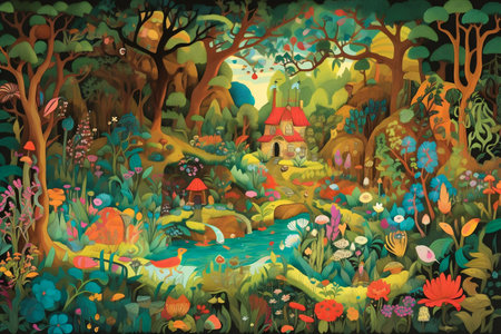 Whimsical illustration of a magical forest, filled with vibrant colors and fantastical creatures. Generative AI. High quality illustrationの素材