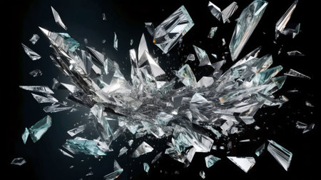 Shattered glass with fragments flying in different directions on a black background. Generative AI. High quality illustrationの素材