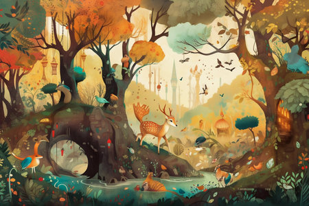 Whimsical illustration of a magical forest, filled with vibrant colors and fantastical creatures. Generative AI. High quality illustrationの素材