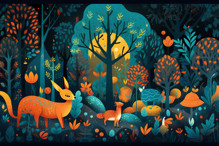 Whimsical illustration of a magical forest, filled with vibrant colors and fantastical creatures. Generative AI. High quality illustrationの素材