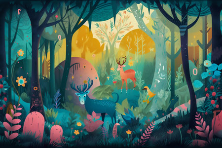 Whimsical illustration of a magical forest, filled with vibrant colors and fantastical creatures. Generative AI. High quality illustrationの素材