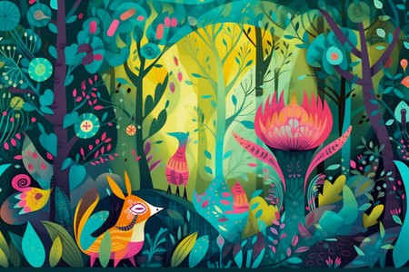 Whimsical illustration of a magical forest, filled with vibrant colors and fantastical creatures. Generative AI. High quality illustrationの素材