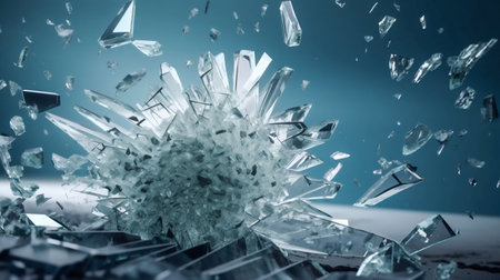 Shattered glass with fragments flying in different directions on a solid background. Generative AI. High quality illustrationの素材