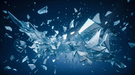 Shattered glass with fragments flying in different directions on a solid background. Generative AI. High quality illustrationの素材
