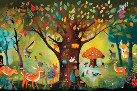 Whimsical illustration of a magical forest, filled with vibrant colors and fantastical creatures. Generative AI. High quality illustrationの素材