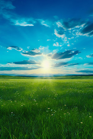 Lush Green Meadow with Blue Sky and Sun. Generative ai. High quality illustrationの素材
