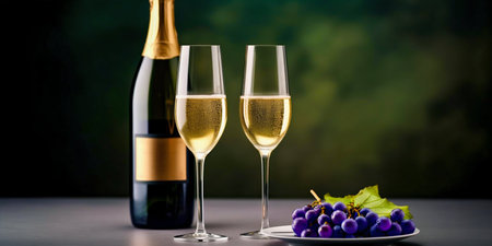 Champagne Glasses with Grapes and Text Space. Generative ai. High quality illustrationの素材
