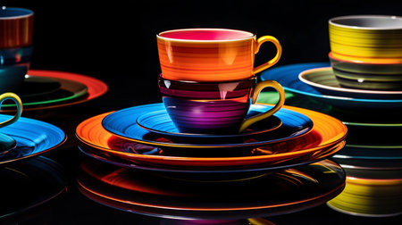 Set of Bright Colorful Dishes on Black Background. Generative ai. High quality illustrationの素材