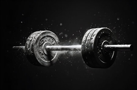 Barbell and Dumbbells in Talcum Powder on Black Background. Generative ai. High quality illustrationの素材