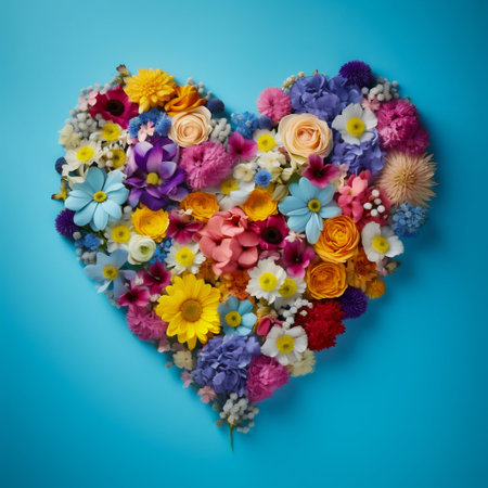 Colorful Flower Heart Arrangement from Top View on Blue Background with Text Space. Generative AI. High quality illustrationの素材