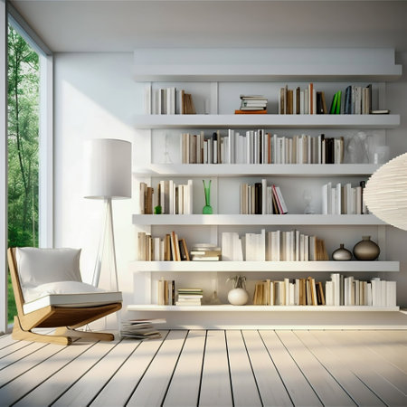 Bookcase with books in a modern white house. Generative AI. High quality illustrationの素材