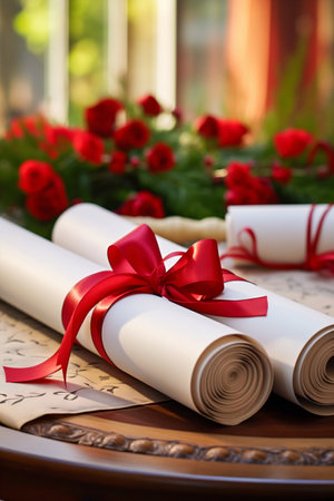 Roll of paper tied with red ribbon on the table. Generative AI. High quality illustrationの素材