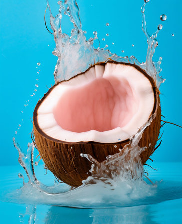 half of a coconut with flying coconut milk on a blue background. Generative AI. High quality illustrationの素材