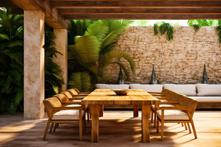 Stylish outdoor dining area in daylight, exotic plants. Generative AI. High quality illustrationの素材