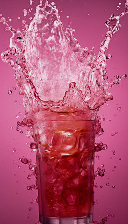 tall glass with flying liquid on a pink background. Generative AI. High quality illustrationの素材
