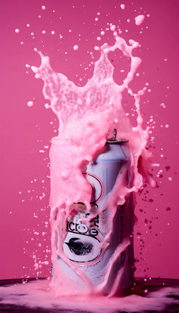 Tin can with flying liquid around on a pink background. Generative AI. High quality illustrationの素材