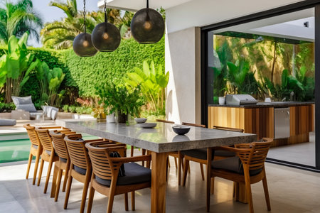 Stylish outdoor dining area in daylight, exotic plants. Generative AI. High quality illustrationの素材