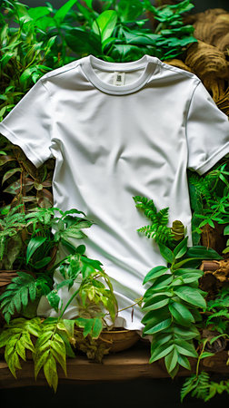 White t-shirt among tropical plants, top view. Generative AI. High quality illustrationの素材